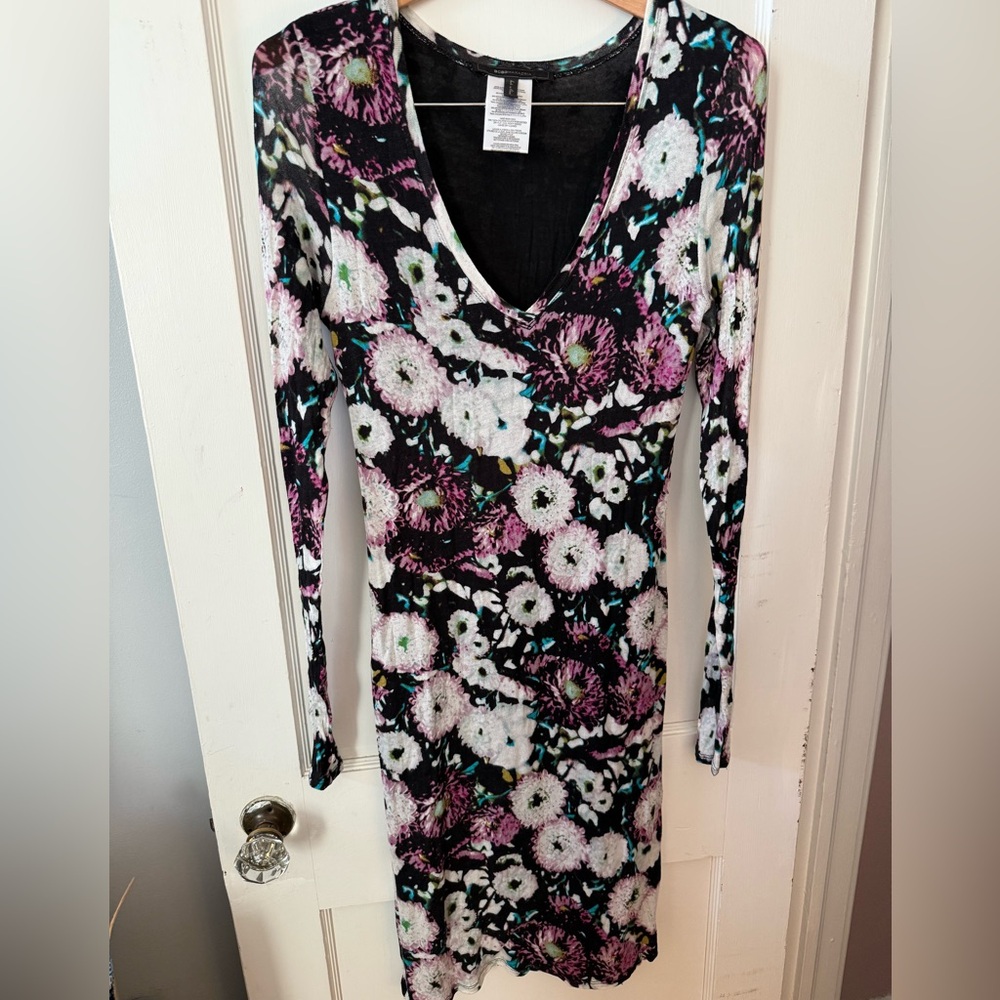 BCBGMaxAzria Black and Purple Floral Long Sleeve Dress